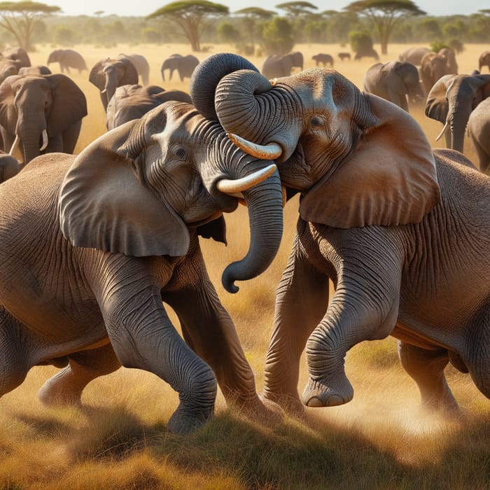 Elephants Babar and Amir Fighting: A Spectacle in the Grassland