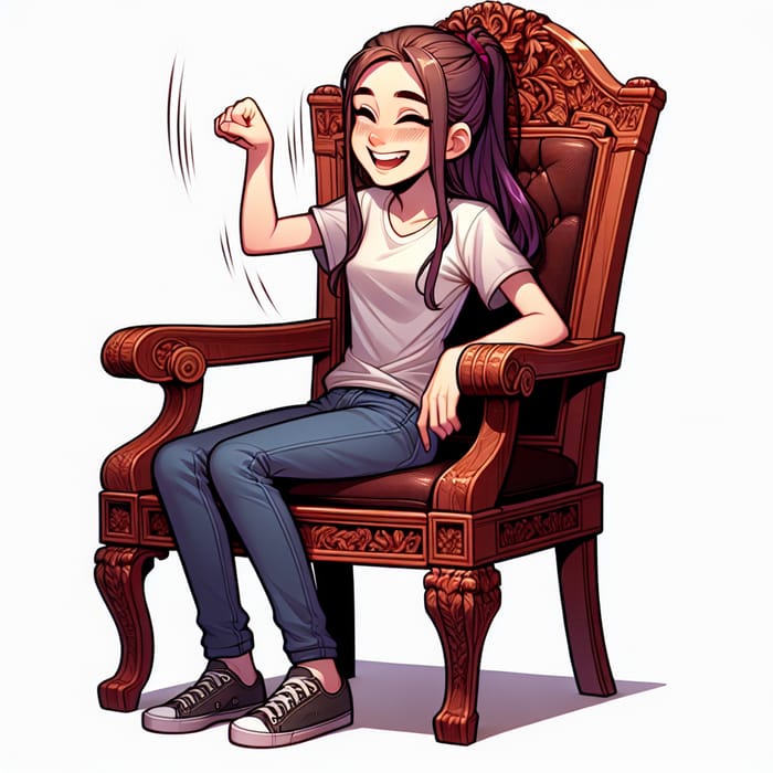 Animated Teenage Girl Laughing on Polished Mahogany Chair