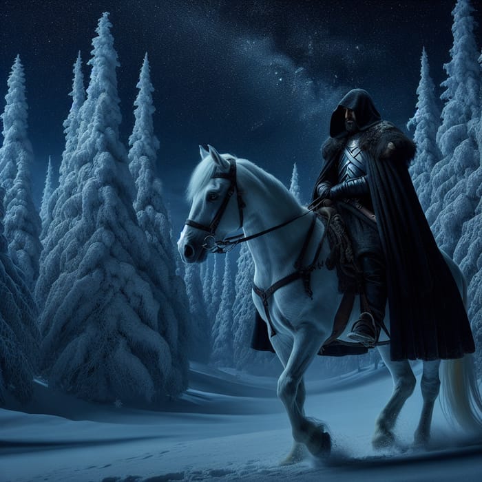 Night's Watch Leader on White Horse in Snowy Landscape