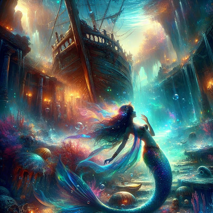 Enchanting Mermaid Exploring an Underwater Shipwreck