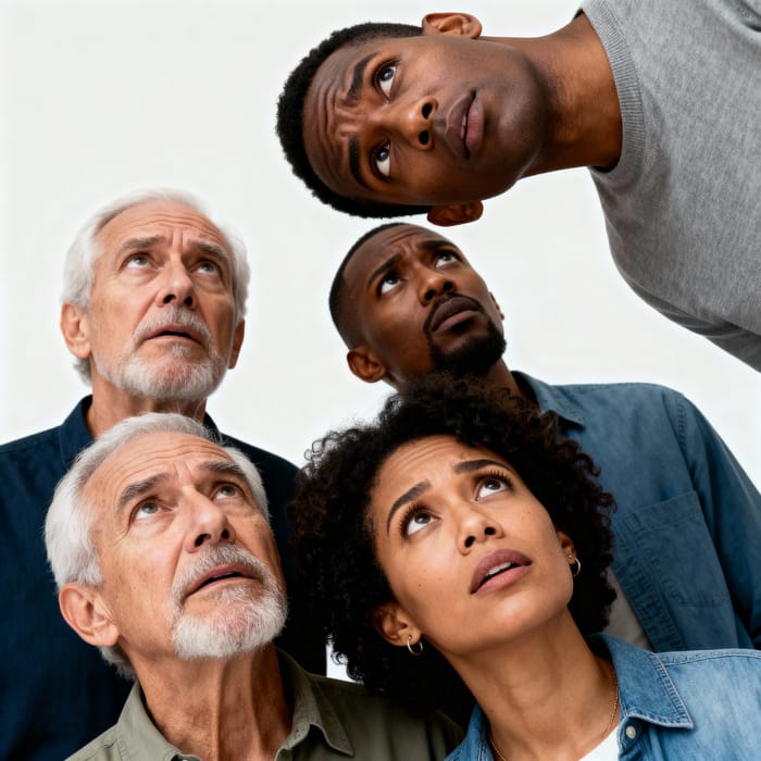 Diverse Group of Americans Looking Up in Confusion Diverse Group of Americans Looking Up in Confusion