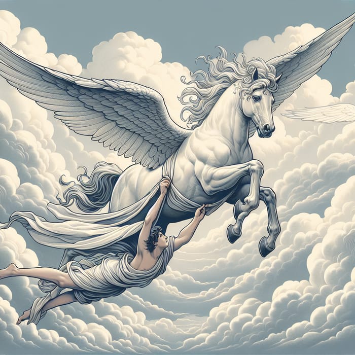 Majestic Flying Pegasus Rescues Woman in Draped Garb