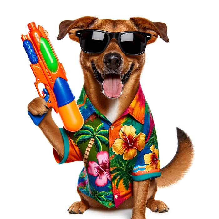 Happy Hawaiian Shirt Dog with Water Gun | Summer Fun