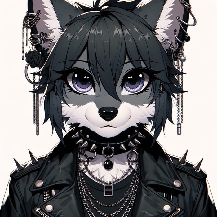 Dark Grey She-Wolf Anime in Gothic Black Jacket with Chains and Piercings