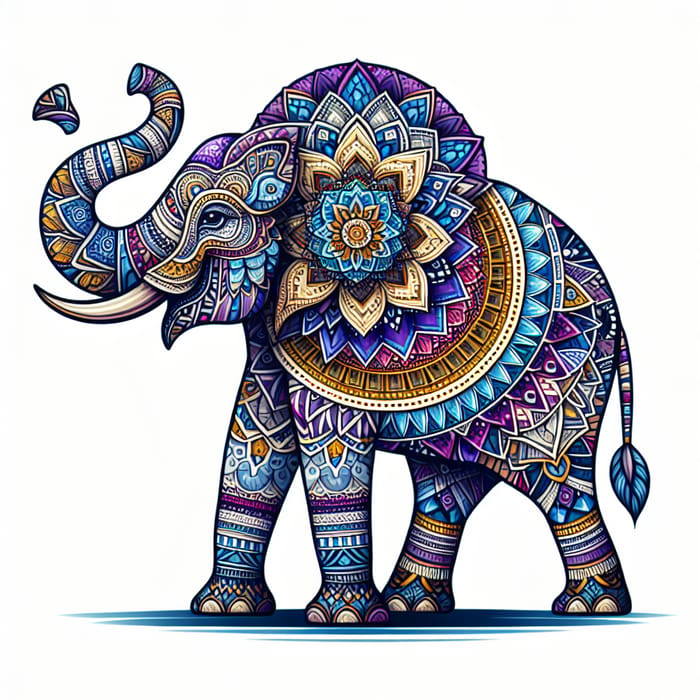 Intricate Mandala Elephant Design in Rich Blues, Purples, and Golds