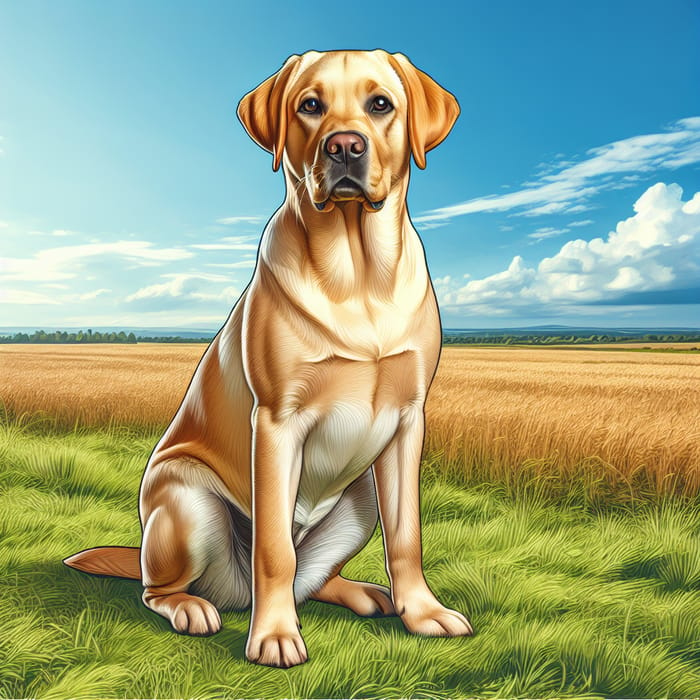 Adult Yellow Labra Retriever Sitting in Sunny Field