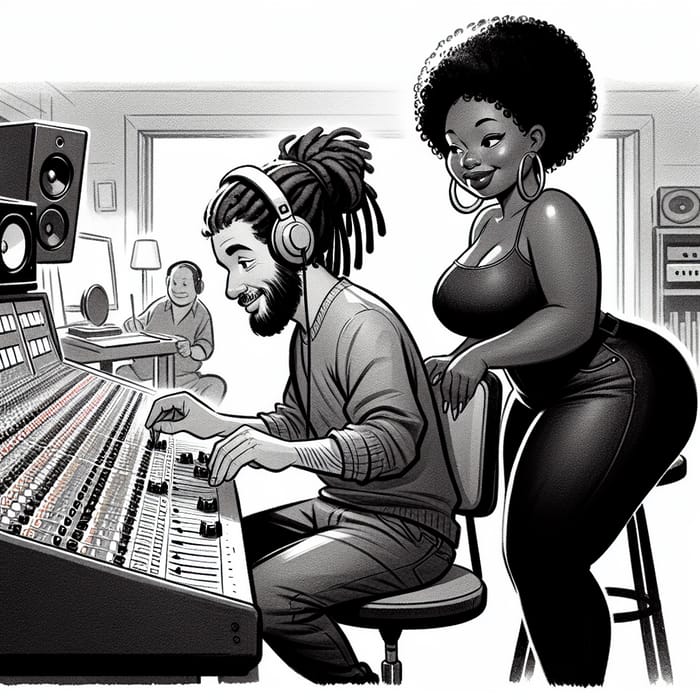 Cartoon Man in Recording Studio with Girlfriend and Musical Passion