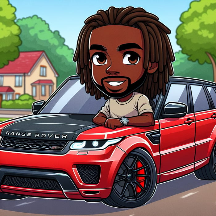 Cartoon Guy with Dreadlocks in Red Range Rover Sport