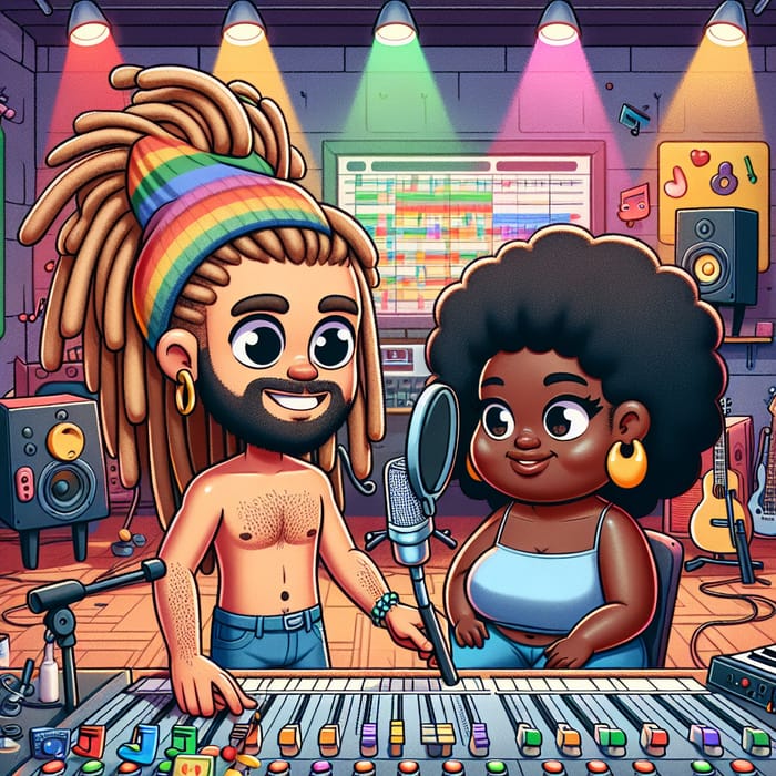 Cartoon Man with Dreadlocks in Vibrant Recording Studio