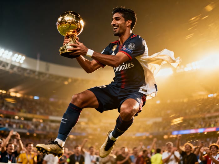 Triumphant South Asian Soccer Player with Ballon d'Or