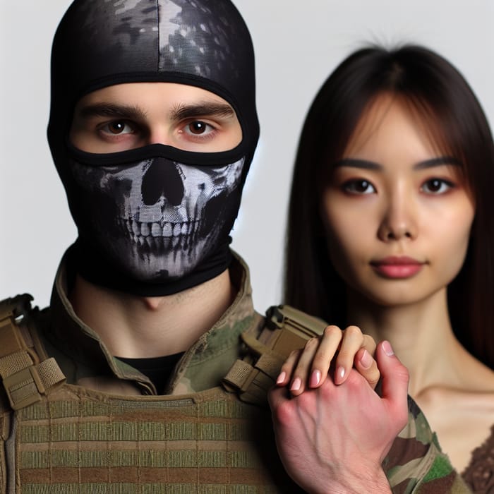 Young Military Couple in Combat Gear - Blonde Man with Skull Balaclava and Brunette Woman