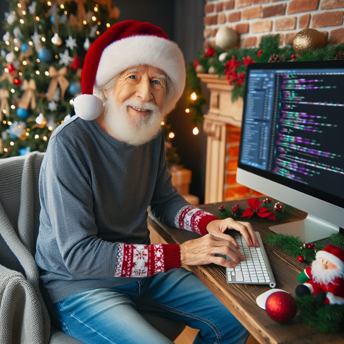 Grandpa Line Coding by the Christmas Tree: Holiday Programming Scene