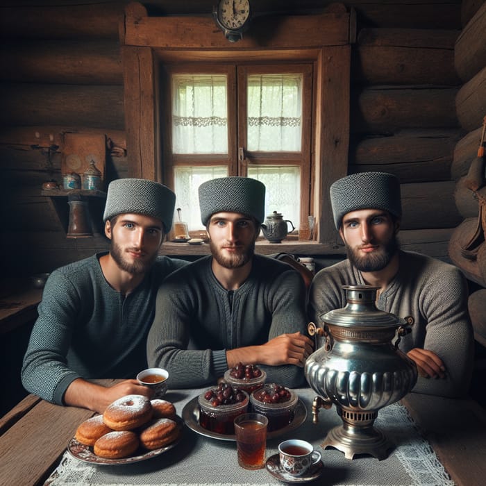 Tatar Men Savoring Tea and Cakes by Samovar in Village House