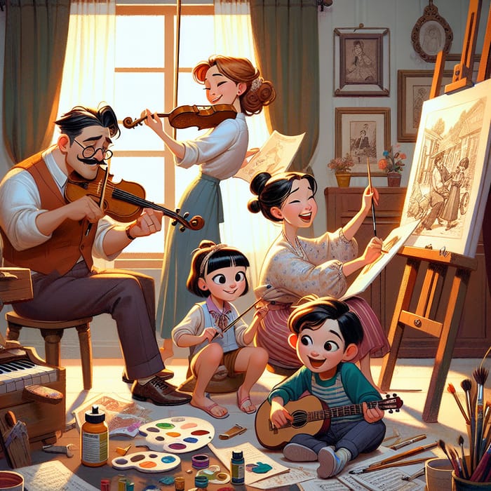 Creative Family Scene: Father Tuning Violin, Mother Painting, Daughters Sketching and Playing Guitar