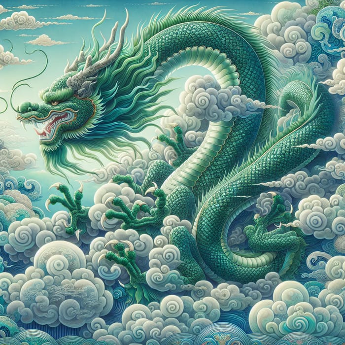 Emerald Green Dragon in Traditional Chinese Art with Clouds