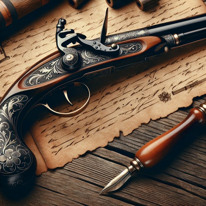 Vintage Black Flintlock Pistol with Floral Designs | Detailed Illustration