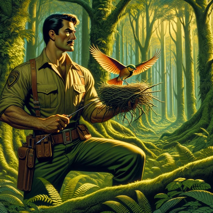 Forest Ranger Protecting Bird's Nest in Vibrant Nature Scene