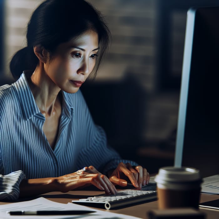 Focused East Asian Woman Typing at Computer Desk