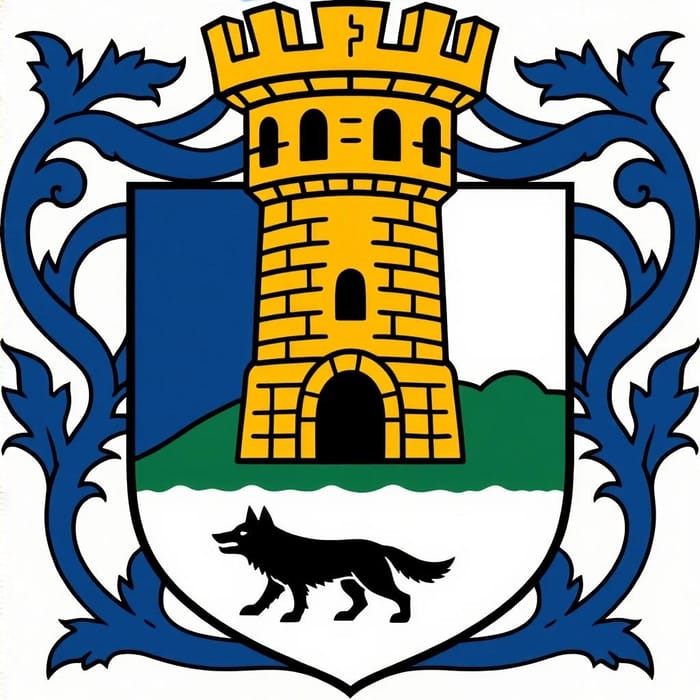 Family Crest with Tower and Wolf in Blue, White, Black