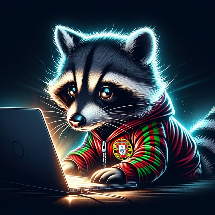 Curious Raccoon on Laptop with Portuguese Flag Jacket