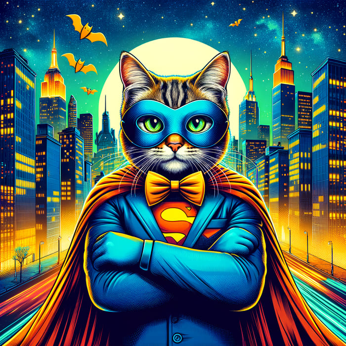 Superhero Cat in a Vibrant City