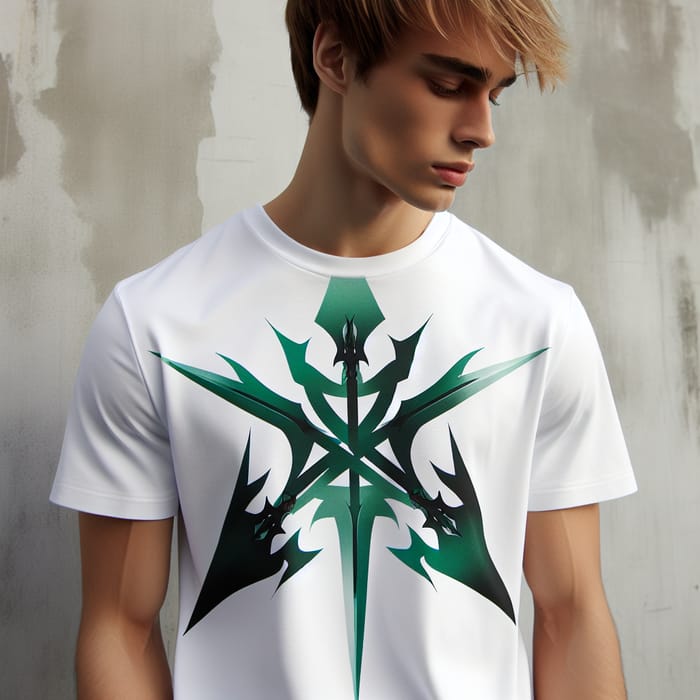 Young Man with Abstract Green Three-Sword Motif T-Shirt