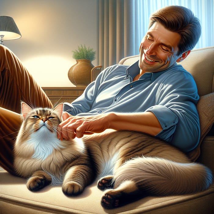 Heartwarming Moment: Man Stroking Fluffy Cat