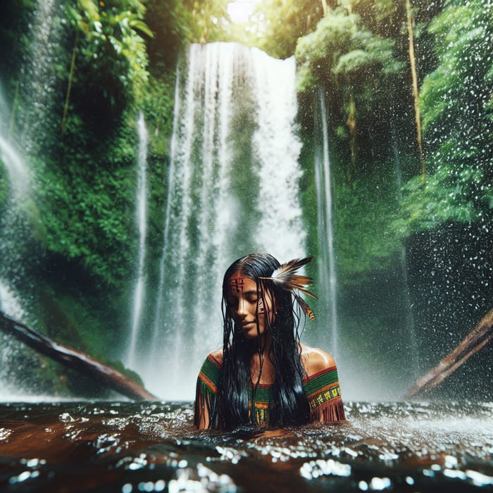 Indigenous Brazilian Woman Bathing in Waterfall | Serene Nature Experience