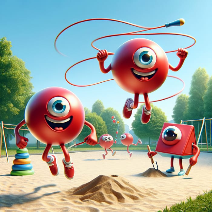 Playful Park Scene with Red Balls and Characters