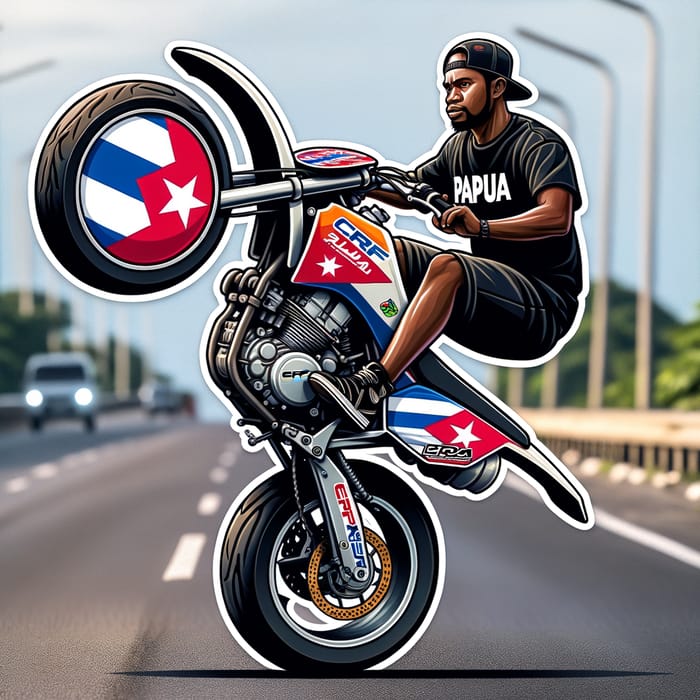 Melanesian Man Performing Balance Wheeling with Cuban Flag CRF Motorbike