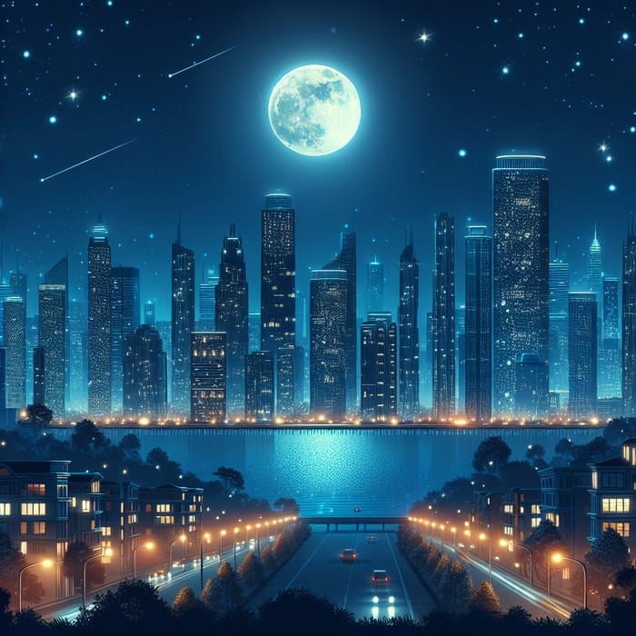 Tranquil Night View of Cityscape with Moonlight & Stars