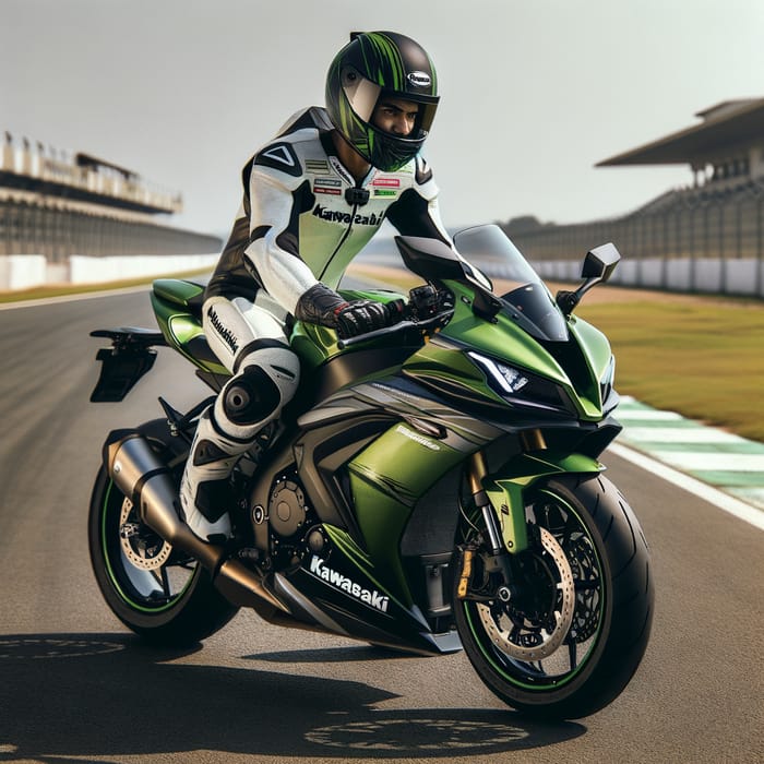 Sporty Kawasaki H2 Motorcycle with Rider on Racetrack