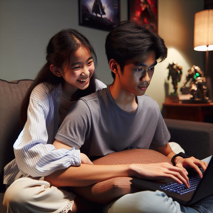 Playful Teenage Girl Sitting on Boy's Lap in Dota 2 Session