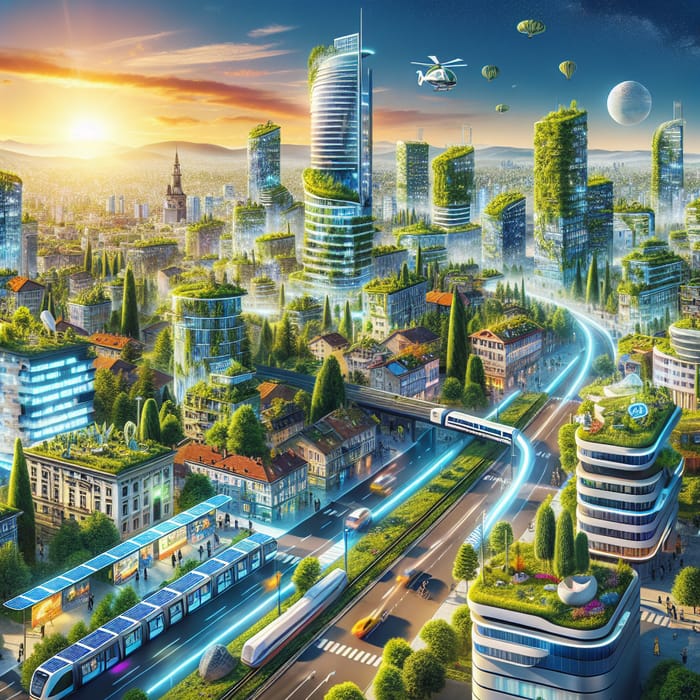 Prishtina 2050: Green Cityscape with Trees, Solar Panels & Eco Transport