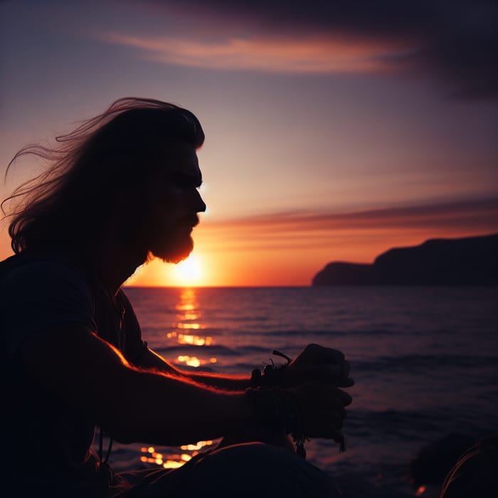 Man Sitting by the Calm Sea at Sunset