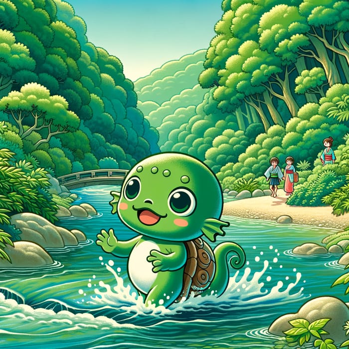 Enchanting River Scene with Playful Kappa Mythical Creature