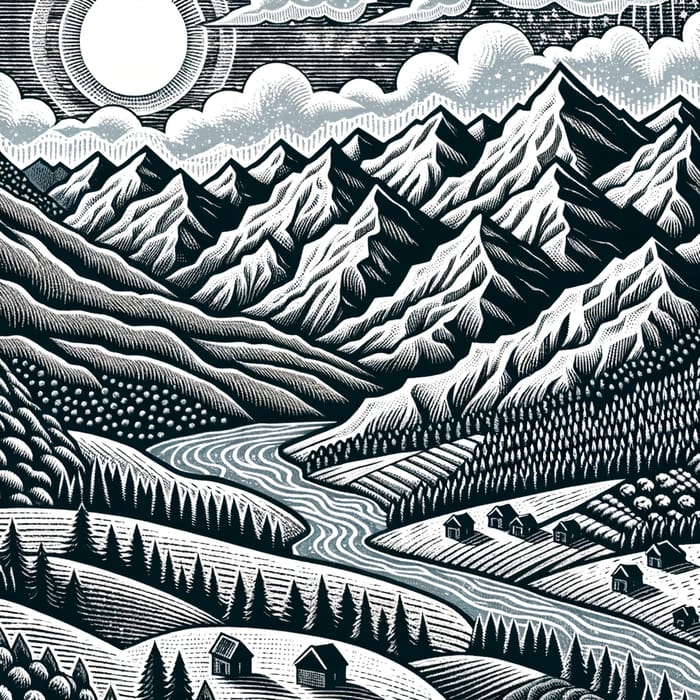 Stunning Landscape Relief Print: Snow-Capped Mountains, Meandering Rivers