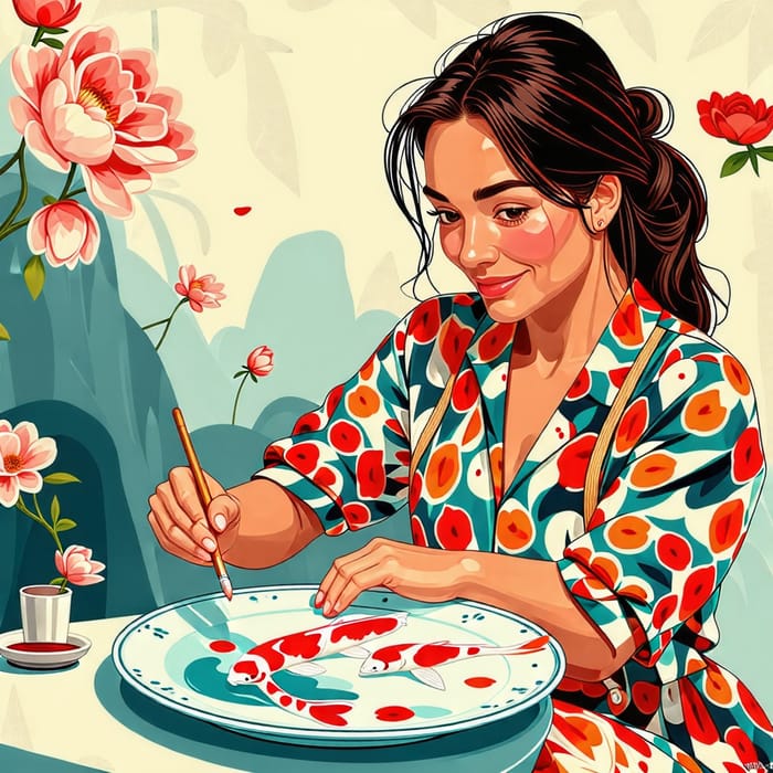 Woman Painting Koi Fish Plate in Pixar-Inspired 3D Poster