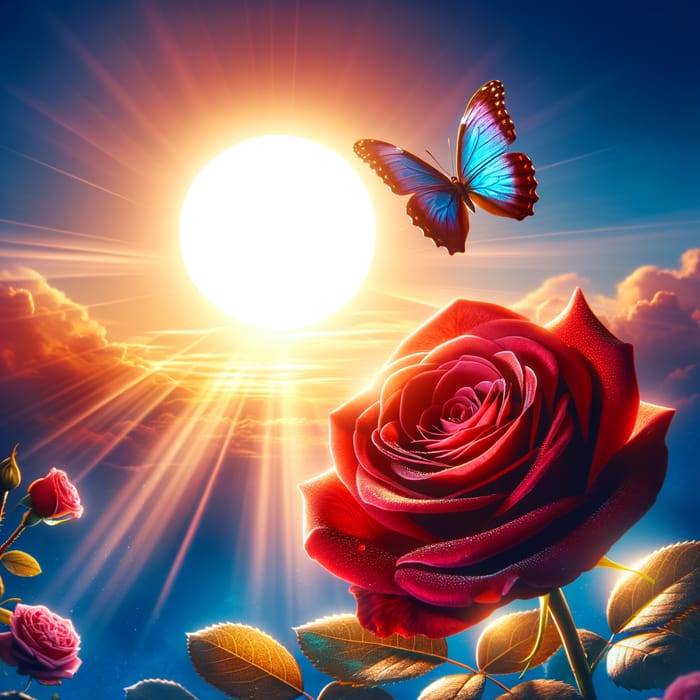 Crimson Rose Blooming with Sun and Butterfly in Blue Sky