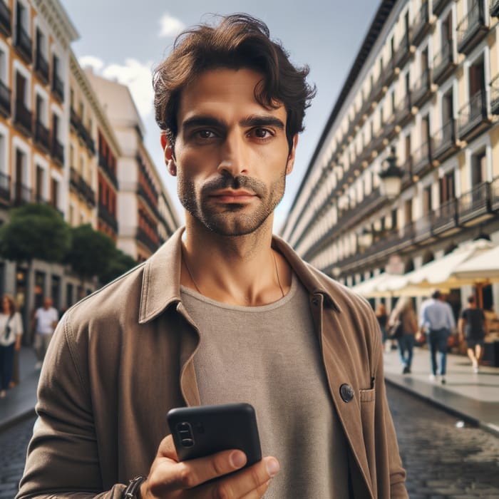 Middle-Eastern Man Walking Down Cobblestone Street in Madrid