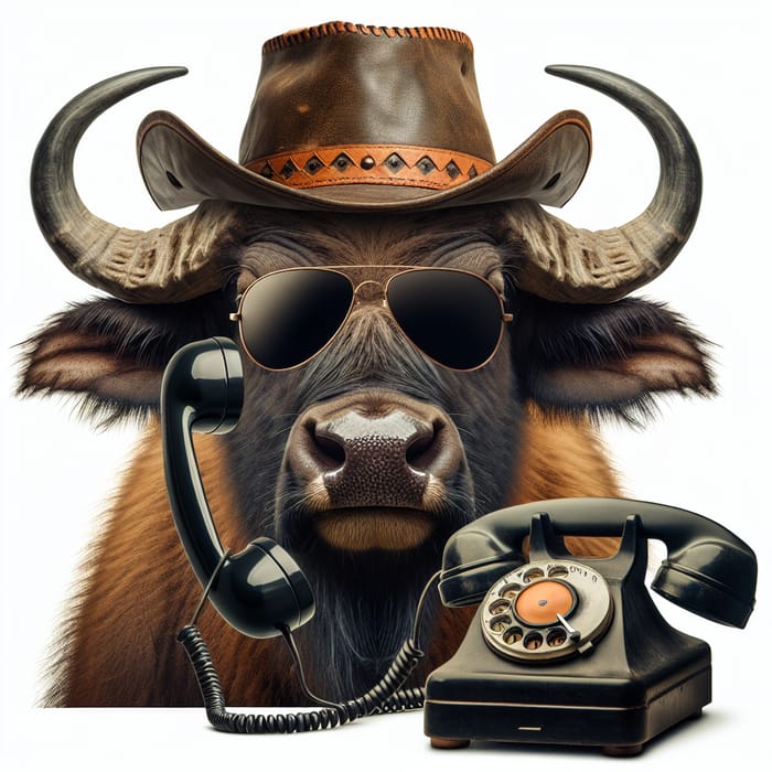 Confident Buffalo with Sunglasses and Cowboy Hat Talking on Vintage Telephone