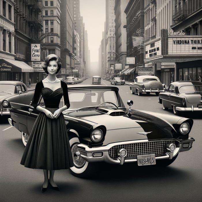 1957 Black Ford Thunderbirds with Woman in Timeless Black Dress