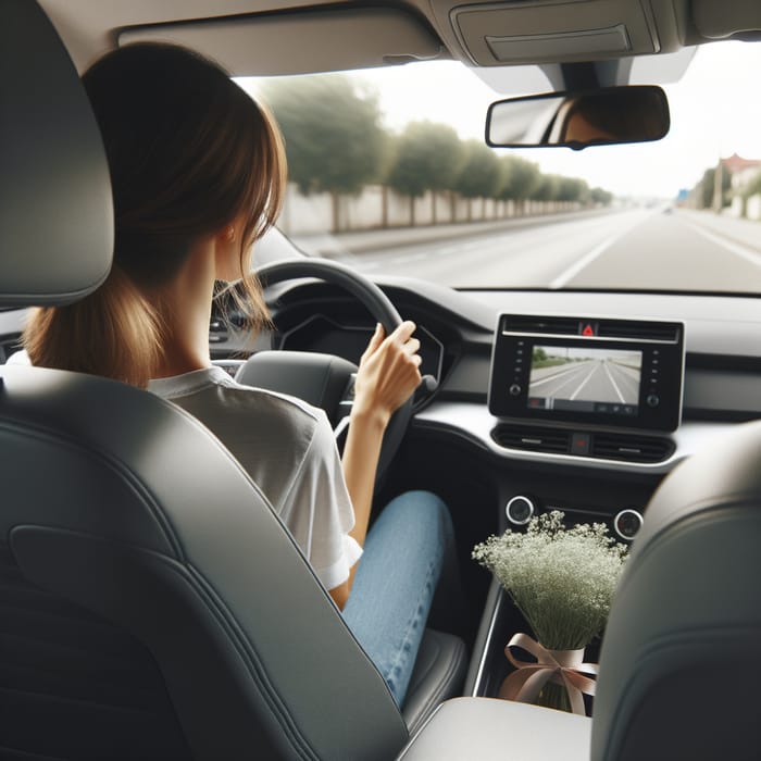 Caucasian Woman Driving Car with Bouquet, View from Backseat