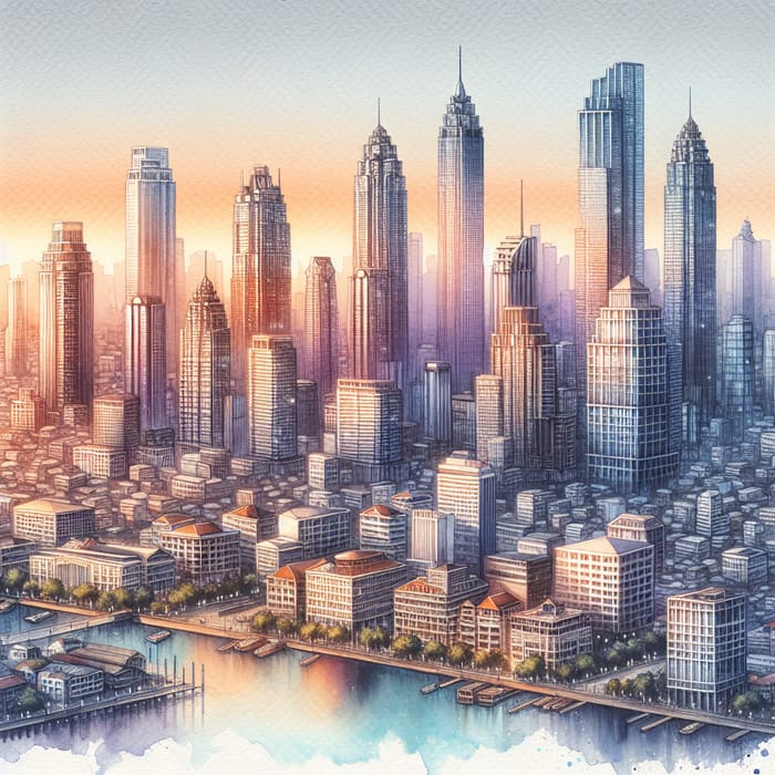 City Skyline Watercolor Painting | Detailed Skyline Scene