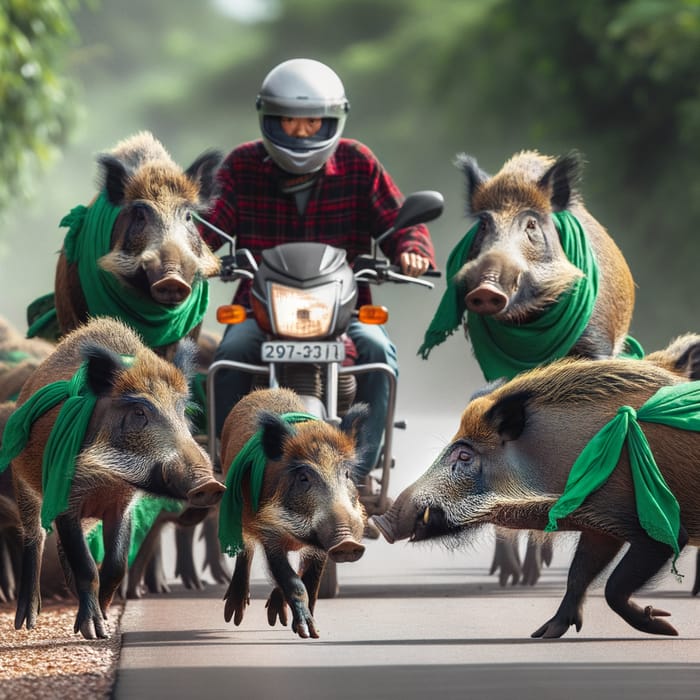 Wild Boars with Green Kerchiefs Confront Motorcyclist on Rural Road