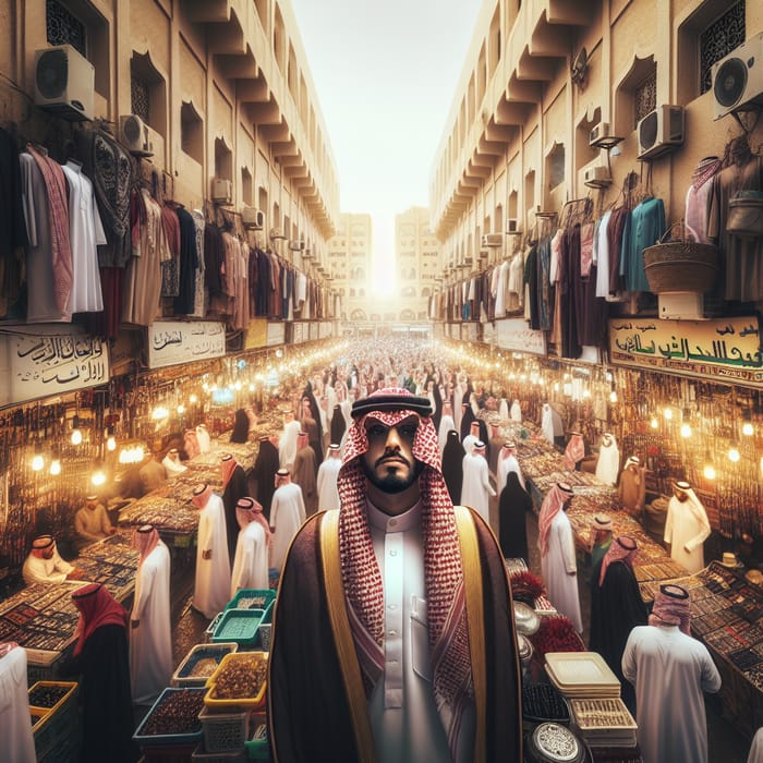 Saudi Arabian Man in Traditional Attire Amid Bustling Market