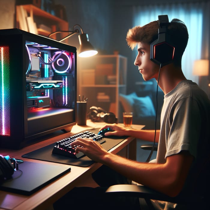 Intense Gaming Experience | 18-Year-Old Gamer Immersed in Futuristic Setup