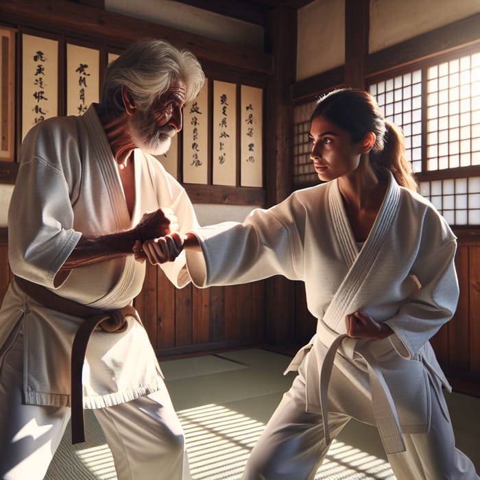 Spirited Martial Arts Match: South Asian Man vs Hispanic Woman in Dojo