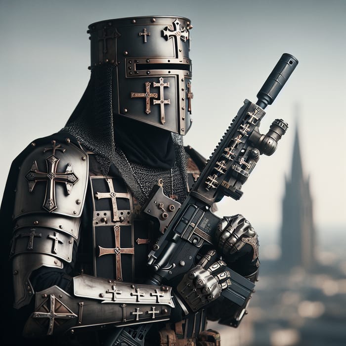 Modern Holy Crusader with Cross-Embellished Gun