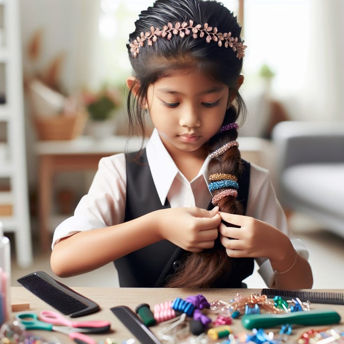 Diligent Young South Asian Girl Creating Intricate Hairstyles